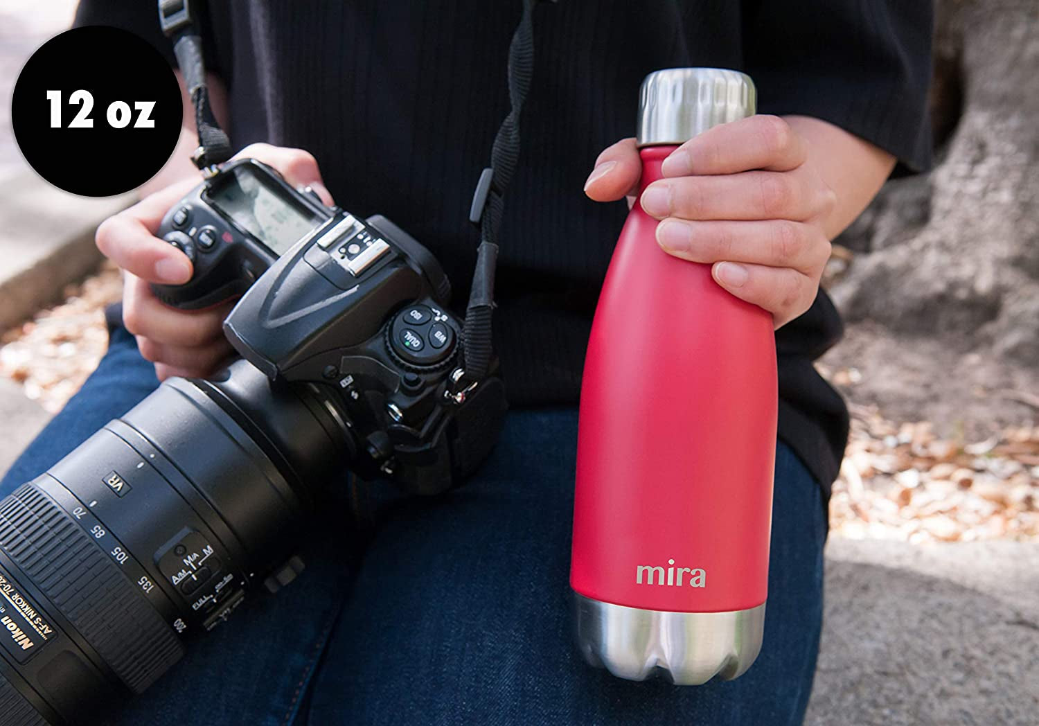 12 Oz Insulated Water Bottle - Slim Stainless Steel Cola Shape Thermo - Double Wall Hot & Cold Flask (24Hr Cold/12Hr Hot) - Black