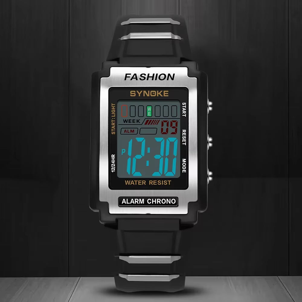 Men Rectangular Sports Electronic Watch Waterproof 50M Night Light Large Screen Alarm Clock Trend Retro Style
